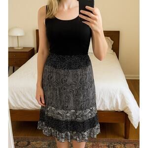 Y2K Black White Boho Paisley Tiered Midi Skirt Womens XL Artsy Gypsy Polka Dot